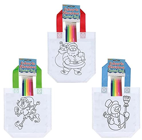 Anila's Complete Christmas Themed 10 Party Bags, Fillers & Favours – 10 Colour in Christmas Canvas Bags with Mini Felt Tip Pens. (Ideal for Children Aged 3-8)