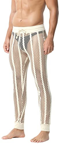FEOYA Herren Männer Leggings Sexy Transparent Mesh Hose Männer Fischnetzhose Mesh durchsichtige Muskelleggings Strumpfhose Pantyhose Sport Unterwäsche Aprikose XL
