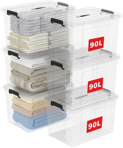 Cetomo 90L*6 Aufbewahrungsboxen, Tragbare Plastikboxen mit Deckeln, Organizer-Behälter mit Griff und Clips, Stapelbar, Ineinander Nestbar, für Zuhause und Büro, Transparent, 90L-6er Pack
