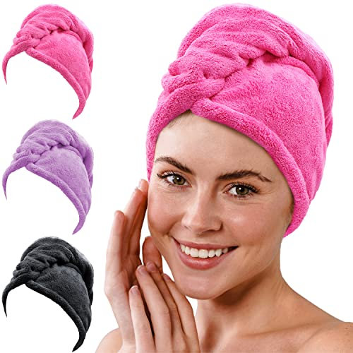 Gräfenstayn 3er-Set Haarturban Mikrofaser mit 2 Knöpfen - Turban Handtuch schnelltrocknend & saugstark - Haar-Handtuch Kurze & Lange Haare, Knopf Kopfhandtuch Coralfleece (Anthrazit/Fuchsia/Lila)