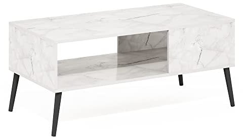 Furinno Claude Table Basse Style Milieu du Siècle avec Pieds en Bois, d'ingénierie, Marbre Blanc, 50,01 (D) x 100 (W) x 45,01 (H) cm