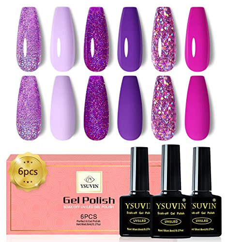 YSUVIN Vernis Semi Permanent, 6 Couleurs Pailleté Violet Lilas Rose Foncé Violet Diamant Brillant D'été Vernis Gel Ongles Soak Off UV Nail Art Salon Manucure Kit, Cadeaux Beauté