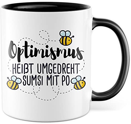Lustige Tasse mit Spruch Wortwitz Kaffeetasse Optimismus rückwärts Kaffee-Becher Humor Geschenkidee lustig Geschenk Sarkasmus Sumsi im Po Biene süß Wortspiel witzig (Weiß/Schwarz)
