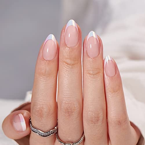 BTArtbox French Tip False Nails Short - Almond Press on Nails in 15 Sizes, 30Pcs Soft Gel Fake Nail with Glue, Reusable Semi-Transparent Stick on Nails for Women, Mermaid