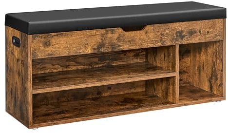 VASAGLE Shoe Bench with Cushion, Storage Bench with Padded Seat, 3 Compartments, Hidden Storage, Shelves, Living Room Lounge Hallway Bedroom, Load Capacity 150 kg, Rustic Brown LHS130B01
