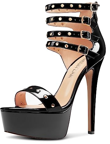 HEUIVZAR Damen Plateau Plattform Stiletto Hoher High Absatz Heel Peep Open Zehenkappe Sandalen Knöchelriemen Reißverschluss Schnalle Party Schuhe Schwarz 45 EU