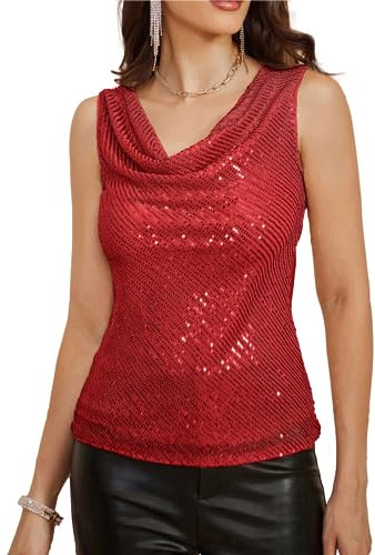 Solide Farbe V-Ausschnitt Enges Oberteil für Damen Cocktail-Party Disco Sexy Vintage 60er Jahre Sparkle Shimmer Weste Rot XL