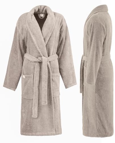 PandaHome Bademantel Damen und Herren aus 100% Baumwolle, Morgenmantel Frottee Kuschel, Saunamantel Warm und Kuschelig, Schnelltrocknend Weich Saugstark Bademäntel 400 g/m² (Beige-Large)