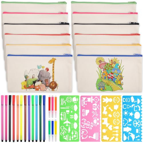 AWCIGG 12 Stück Kindergeburtstag Stoffbeutel zum Bemalen Basteln Taschen Jutebeutel Mäppchen zum Bastelset mit Reißverschluss Federmäppchen zum Bemalen mit 18 Farbigen Stiften 4 Zeichnungsmuster