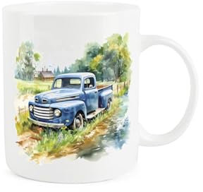 Purely Home Vintage Car Mug - Painted Watercolour Blue Classic Car/Pickup Countryside Gift Present - Tea Coffee White Bone China Mug