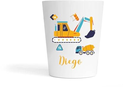 Gobelet Enfant Personnalisé Engins de Chantier – Gobelet Incassable 230ml Sans BPA – Tasse Prénom École ou Crèche – Cadeau Rentrée Scolaire Garçon