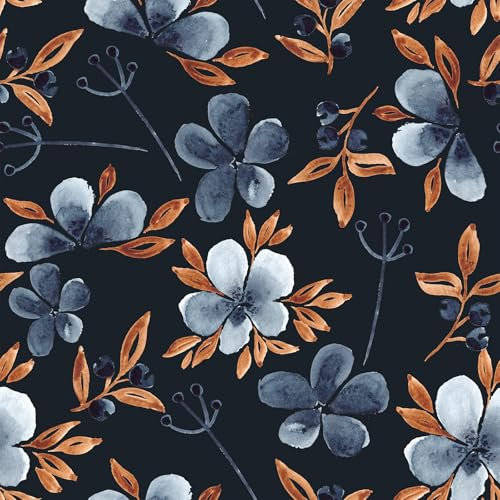 VaryFloral Blue Orange Floral Wallpaper Peel and Stick Watercolor Black Floral Vintage Wallpaper for Bedroom Removable Self Adhesive Dark Flower Contact Paper 12x118 Sticky Decorative Wall Paper