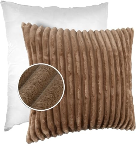 Dekokissen Kissenbezug Sofakissen Pillow Plüsch Kuschelkissen Zierkissen Cord Kissen Couchkissen Kord Kissenhülle ultraweich gestreift Lilli 50x50cm mit Füllung Beige
