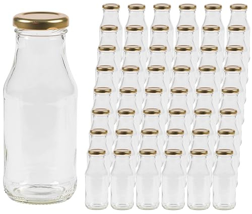 Vitrea 48 leere Glasflaschen 263ml Schraubverschluss Gold - Milchflaschen, Saftflaschen, kleine Flaschen zum Befüllen mit Deckel - für Milch, Saft, Smoothies, Öl - 48 Stück, TO43, Saft