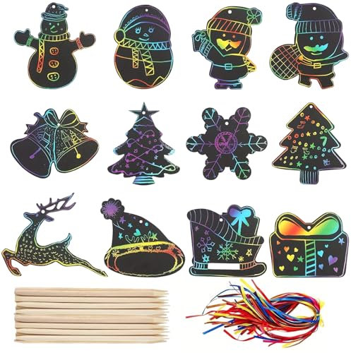 VEQENIFY 48 Stück Weihnachten Kratzbilder für Kinder,Weihnachten Kratzpapier,Bastelset Weihnachten,Regenbogen Scratch Art Set für Kinder Basteln, Weihnachtsan Geschenkan, Weihnachtsbaumschmuck