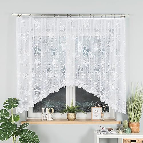 Gardinen Vorhangen Weiß 400x175 cm (BxH) Atorno Blumenmotiv Stores Gardinen mit Kräuselband Kurz Jacquard Scheibengardine Wohnzimmer Vorhänge Fertiggardine Küchengardinen Bogen Kurzstores