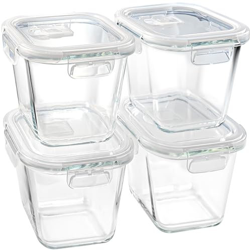 Square Glass Food Storage Containers with Lids, 4 Cup Borosilicate Glass Meal Prep Bowl, Microwave & Freezer Safe Jars, Small Soup Containers for Salad, Fruit, Lunch, Ice Cream, Travel (32 oz, 4 Pack)