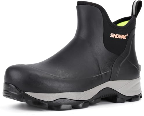 Showave Gummistiefel für Herren, wasserdicht, Regenschuhe, langlebig, kurze Jagdstiefel für Schlamm, Gartenarbeit, Hof und Arbeit, Schwarz, 43 EU