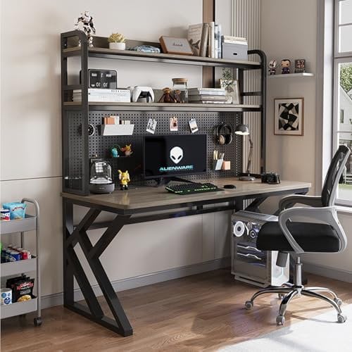 Large Pc Table Computer Desk With Shelves - Home Office Computer Desk With Hutch, Gaming Desk With Pegboard, Study Writing Table Workstation For Home Office, Metal Frame Storage Rack(Black-Mani Gray,L