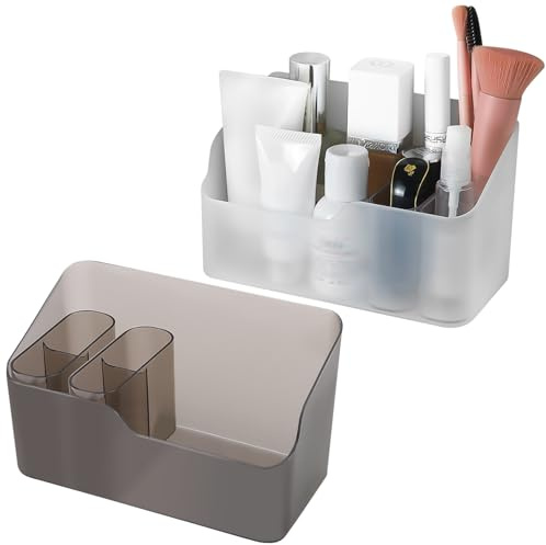 Demarsen 2 Stück Make Up Organizer,Kosmetik Organizer mit 2 Herausnehmbaren Trennwänden,Schminktisch Organizer,Wasserdichter Kosmetik Aufbewahrung für Badezimmer Spiegelschrank Schreibtisch