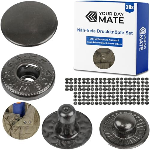 Näh-freie Druckknöpfe, Ø 10 mm, 20 Paare, Schwarz-Grau, Set ohne Werkzeug, DIY Stoffclips, Druckknopf mit Ringfeder Verschluss, Reparatur Metall Knöpfe, Ersatz Knopf Nähzubehör, Ringfederdruckknopf
