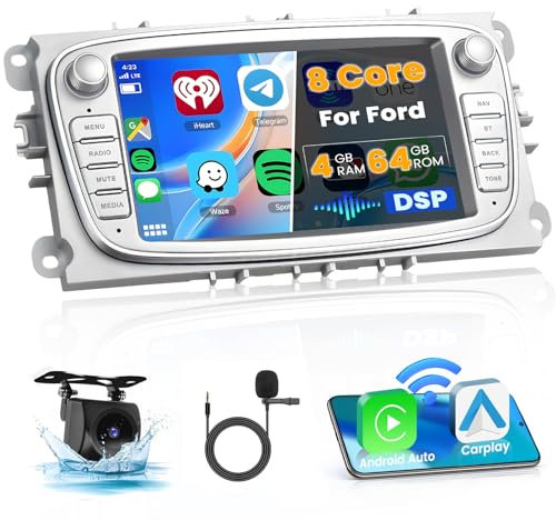 Ohradio 4GB+64GB Android 15 Autoradio für Ford Focus Kuga Galaxy S/C-Max Mondeo Stereo Auto Wireless Carplay Android Auto 7 Zoll Touchscreen mit GPS WiFi FM/RDS 32EQ DSP Rückfahrkamera MIC