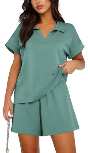 PINSPARK Sommer Zweiteiler Damen Kurzarm V-Ausschnitt Top Travel Outfits 2 Teiler Elegant Hausanzug Tracksuit Jogginghosen TrainingsanzüGe Mit Taschen Grün XXL
