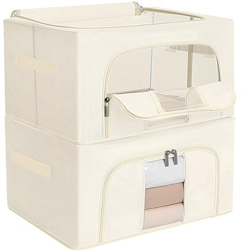 AiQInu 2 Pezzi Scatole per Armadio con Cerniera, 24L Organizzatore Armadio con Struttura in Metallo Pieghevole, Scatole per Vestiti Impilabili, per Trapunte Coperte Biancheria - 40 x 30 x 20 cm
