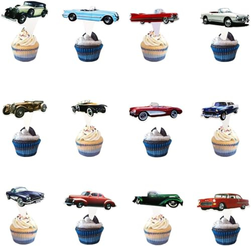 24 pcs Classic Cars Cupcake Toppers,Convertible Vintage Car Theme Party Supplies Favors,Cake Picks For Birthday Anniversary Wedding Engagement Party Decorations