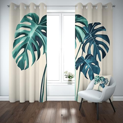 Kioldoq Monstera Palmenblätter Verdunkelungsvorhang für Schlafzimmer, Blatt Pflanzen Gardine mit Osen 2er Set 225x140 cm Thermovorhang Kälteschutz, Tropisch Fashion Blickdicht Vorhang Wohnzimmer