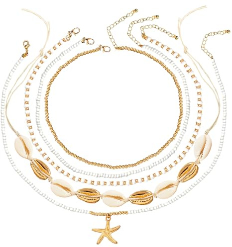 CHONGQILAO Conjunto de Collar de Conchas, Ajustable Collar Conchas Mujer, Collares Boho Mujer, Estrella de Mar, Colgante Multicapa, para Mujeres y Niñas