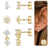 Ohrringe Silber 925 Set Für Damen - Hypoallergene 14K Vergoldet Ohrstecker Gold Piercing Ohr Schmetterling CZ Helix Piercings Tragus Conch Piercing Kleine Ohrringe Silber 925 Stecker Golden Sonne