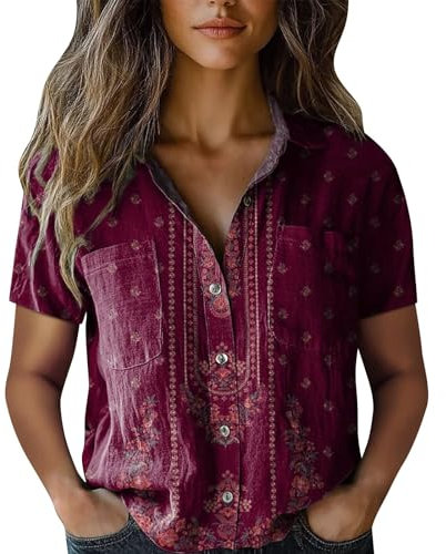 Blouses for Women UK Plus Size Linen Shirts Women Summer Short Sleeve Button Down T-Shirts With Pockets Elegant Graphic Print Tunic Tops Lightweight Loose Lightning Deals of The Day Today Sale