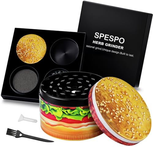 Spespo Herb Grinders, Large Spice Crusher 63mm, 4 Layers Metal Grinder with Pollen Scraper and Brush, for Spices, Herbs & Tea, Black Gift Box (Hamburger)