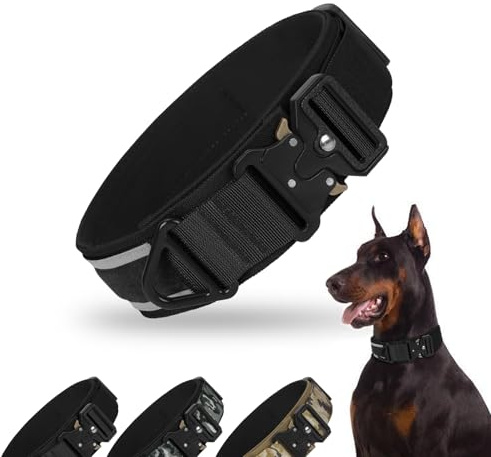 FEimaX Hundehalsband Personalisiert Hunde Halsband für Kleine Mittelgroße Hunde, Breite Reflektierende Verstellbares Taktisch Hundehalsband mit Metallschnalle für Ausbildung (Schwarz, M)