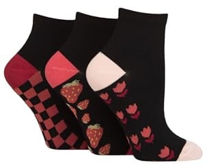 SockShop Women's Bamboo Ankle Socks - Plain, Patterned, Striped, Floral, Colourful, Smooth Toe Seams 3 Pairs Size 4-8 (UK, Numeric, 4, 8, Regular, Regular, Patterned Sole Black/Tuscan Rose)