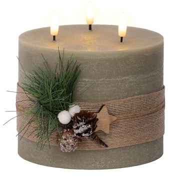 LED Kerze mit Timer 3-flammig 15cm Wachs - mit 3 Dochten & flackernde Flamme Effekt - Weihnachtskerze mit 6 Stunden Timerfunktion - Flammenlose Kerzen Wachskerzen Dekokerzen - Grün/Warmweiß