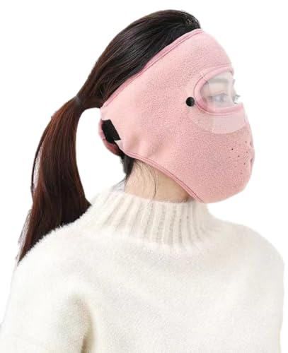 Anevous 1 Stück Fleece Vollgesichtsmaske mit Schutzbrille | Atmungsaktiv und Warm,Abnehmbare Brille,Für Motorrad,Skifahren,Radfahren,Outdoor Sport,Kurz Rosa