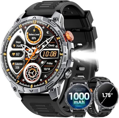 Smartwatch da uomo militare, 100 giorni di autonomia ultra / batteria 1000 mAh / 1,75 HD grande display / torce a LED / frequenza cardiaca 24/7/ monitor del sonno/110+ modalità sport/IP68