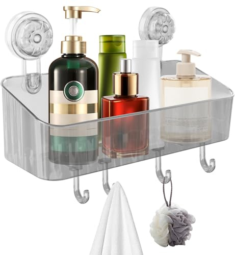 Novocloud Mensola Doccia con Ventosa Senza Foratura, Portaoggetti Bagno con 4 Ganci, Lmpermeabile Porta Bagnoschiuma Doccia, Organizer Bagno per Shampoo/Bagnoschiuma/Portasapone Doccia