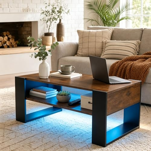 ZZINOKE LED Couchtisch mit Stauraum, Wohnzimmertisch mit 2 Ebenen, moderner Sofatisch aus Holz, Beistelltisch fürs Wohnzimmer im Industrie-Design, 92x47x45 cm, Vintage Braun-Schwarz