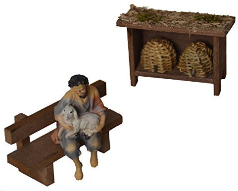 Alfred Kolbe Krippen AM 32 Weihnachtskrippen-Zubehör-Set Bienestock 7 x 3 x 6 cm mit Hirte sitzend auf der Bank