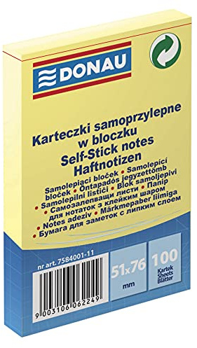 DONAU 7584001-11 Eco Würfel Haftnotizen Gelb Selbstklebende Sticky Notes 51x76mm, 1x100 Blatt für Büro Schule