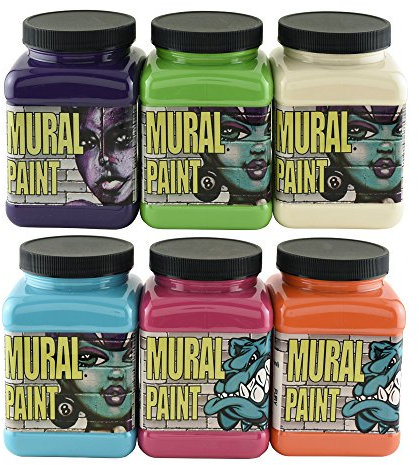 Mural Paints 6 Bright Colors 6 x 500ml Pint Set Paint Bottles- Colors: Fury, Slime, Pucker, Calypso, Purple Haze, Sand
