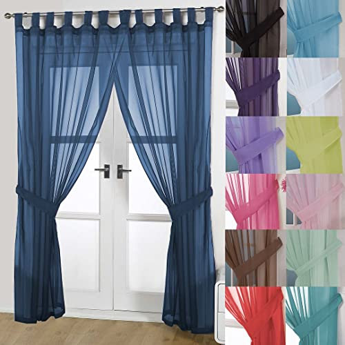 John Aird Pair Of Woven Voile Tab Top Curtain Panels. Tiebacks Included (Navy, 58 Wide x 72 Drop)