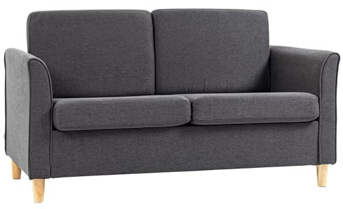 HOMCOM 2 Seater Sofa, Compact Loveseat, Linen Upholstered Couch with Wood Legs and Armrest, Small Sofa for Living Room and Home Office Dark Grey