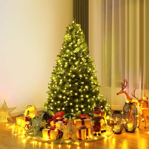 RELAX4LIFE Albero di Natale 120/150/180/210 cm, Luci in 2 Colori, 11 Modalità di Illuminazione, Albero di Natale con Rami Forti, Base in Metallo, Decorazione natalizia per Casa e Negozio (210 CM)