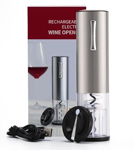 KAVYDENS Ouvre-bouteille électrique 4 en 1 rechargeable par USB avec carafe à vin, aérateur, bec verseur, bouchon à vin et coupe-feuille (rechargeable 3 en 1 en acier inoxydable)