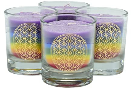 Yogabox 4 Chakra Palmwachs Kerzen im Glas Blume des Lebens Set