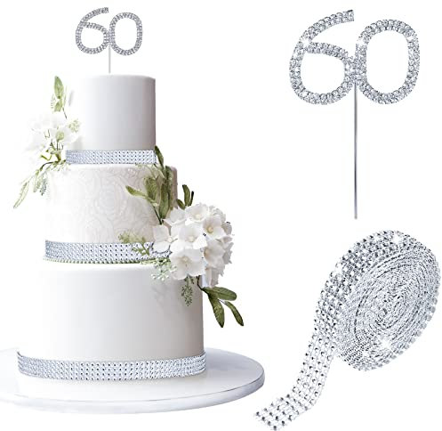 Wedding Anniversary Cake Topper Decorative Acrylic Rhinestone Diamond Ribbon for Cake Decoration for Birthday Party or Wedding Anniversary Party Supplies (60th Style)